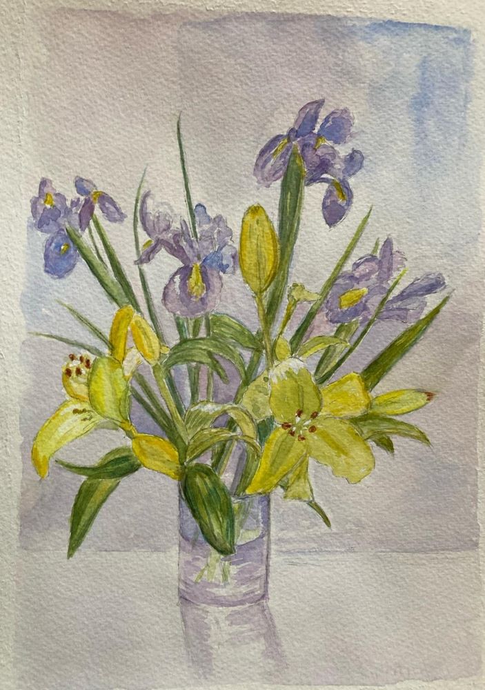 Painting of vase of Yellow and mauve flowers